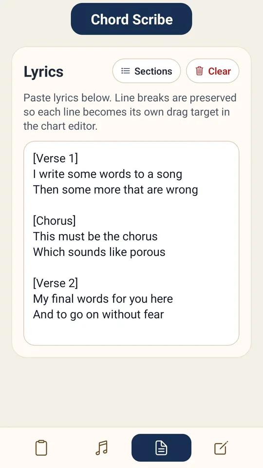 Chord Scribe lyrics screen: verse and chorus lyrics pasted into the editor.