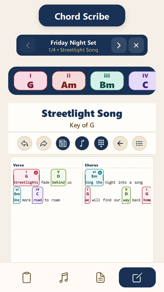 Chord Scribe set list view: Friday Night Set, song 1 of 4, Streetlight Song.